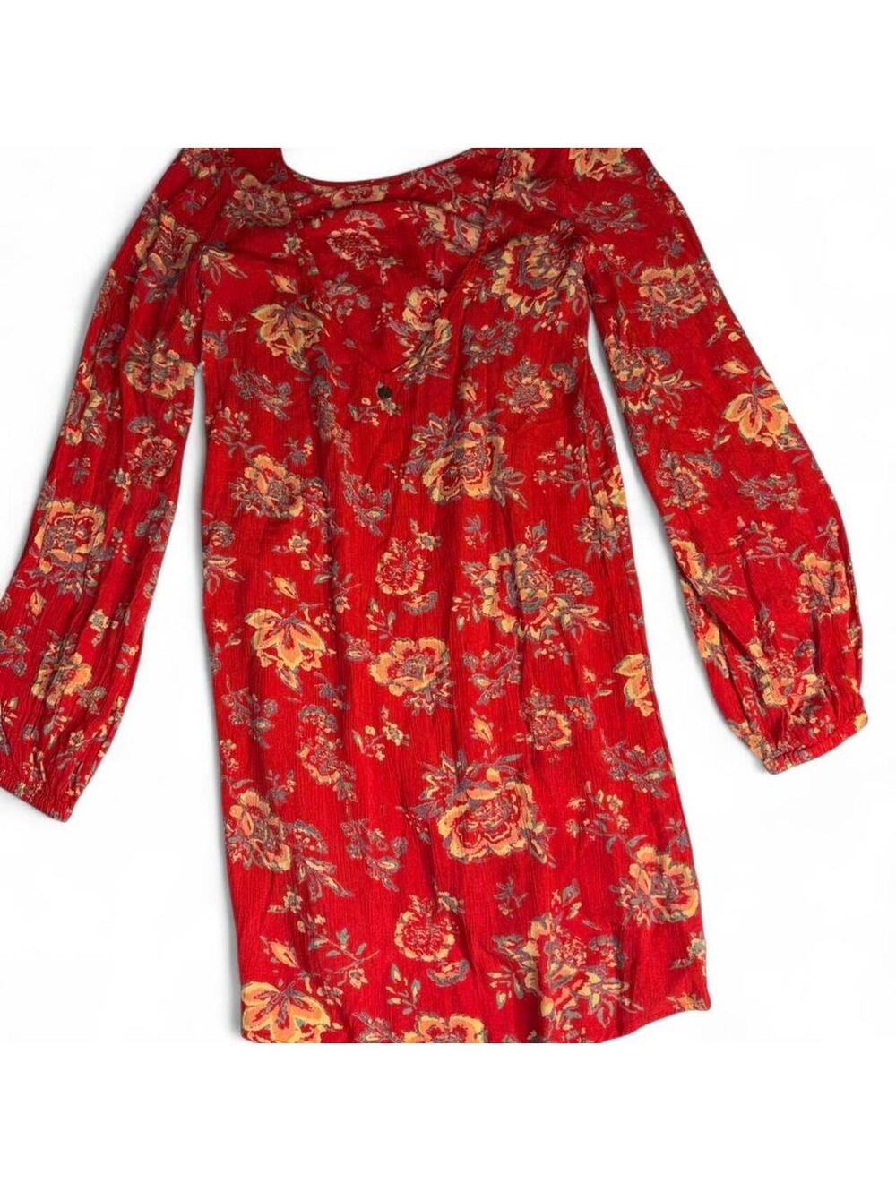 Billabong Red Floral Long Sleeve Open Back Shift Mini Dress Boho XS